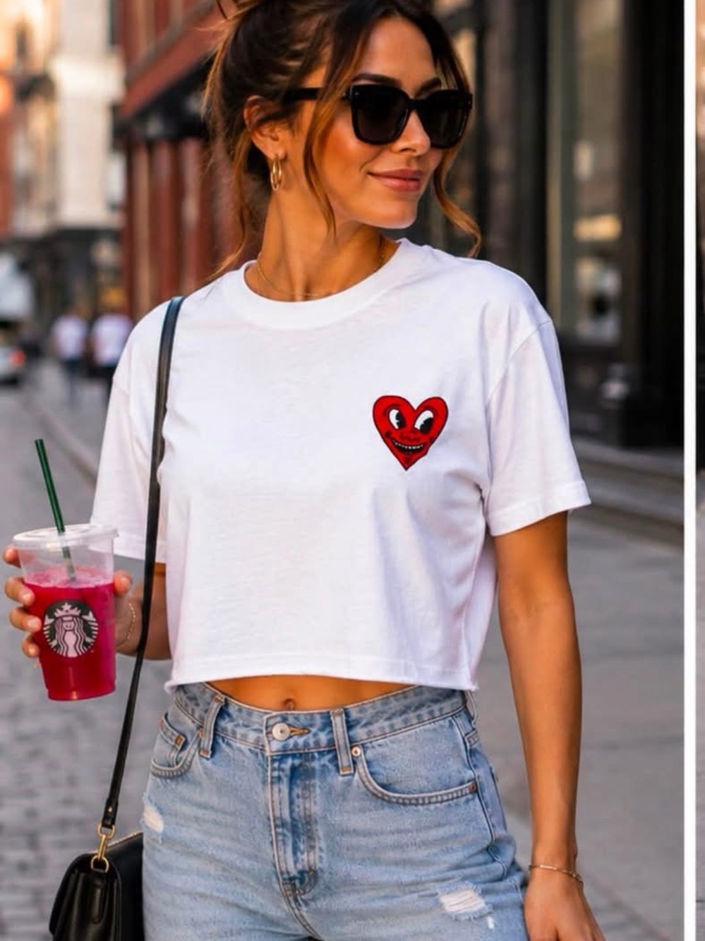 Keith Haring White Cropped Tee with Red Heart Patch NWOT